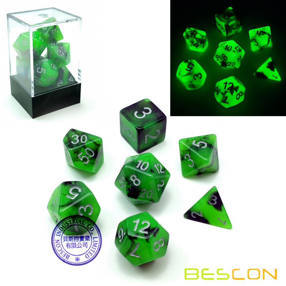 Bescon Two-Tone Glow-in-the-Dark Polyhedral Dice Set SPOOKY ROCKS, Luminous RPG Dice Set d4 d6 d8 d10 d12 d20 d% Brick Box Pack