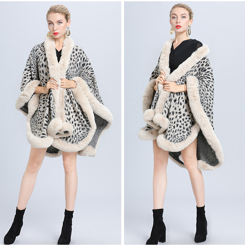 Sexy Women Imitated Cashmere Rex Rabbit Fur Cape Coat Leopard Jacquard Knit Cardigan Cloak Faux Fur Shawl Wraps Winter New
