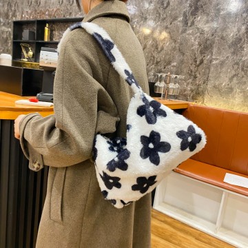 2021 INS Fashion Women Plush Flower Pattern Shoulder Bags Elegant Female Underarm Bags Faux Fur Handbag Furry Fluffy Tote Bags