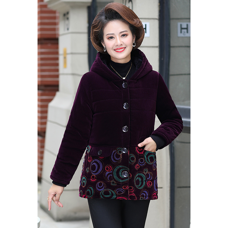 Middle-aged and Elderly Women's Cotton Coat Winter Jackets Short Corduroy Plush Thick Warm Jacket Single-breasted Printed Outwea