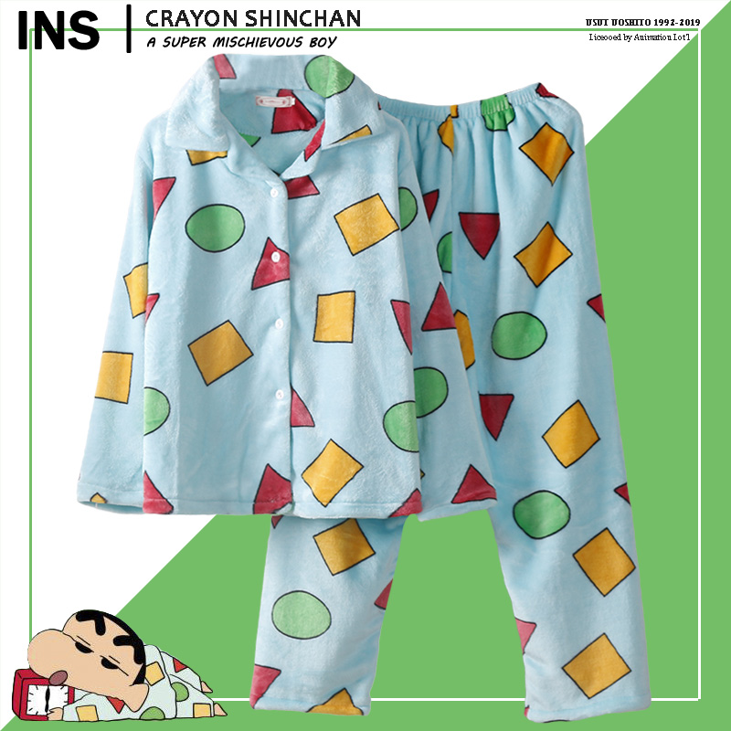 Cartoon Cute Anime Crayon Shin Chan Pajamas Coral Fleece Student Women Men Pajama Sets House Coat Sleep Lounge Wear