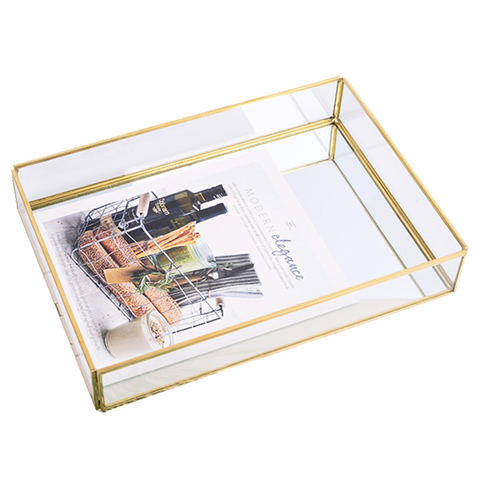 40# Nordic Retro Storage Tray Gold Rectangle Glass Makeup Organizer Tray Dessert Plate Jewelry Display Home Kitchen Decor