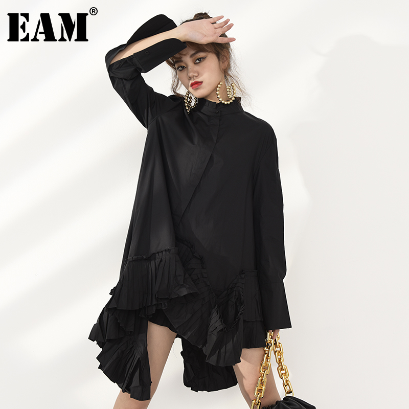 [EAM] Women White Ruffles Irregular Long Blouse New Stand Collar Long Sleeve Loose Fit Shirt Fashion Spring Autumn 2021 JI82400