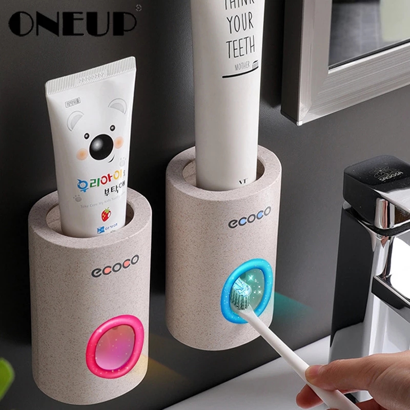 ONEUP Automatic Toothpaste Dispenser Dust-proof Toothbrush Holder Wall Mount Stand Toothpaste Squeezer Bathroom Accessories Set