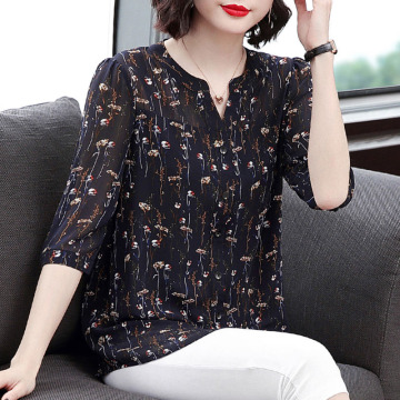Women Spring Summer Style Chiffon Blouses Shirts Lady Casual Half Sleeve V-Neck Flower Printed Blusas Tops ZZ0549