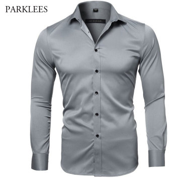 Gray Elastic Bamboo Fiber Shirt Men Brand New Long Sleeve Mens Dress Shirts Non Iron Easy Care Business Work Chemise Homme XXL