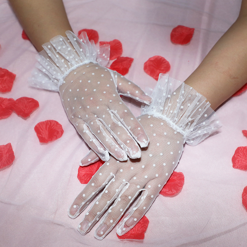 Short Wedding Gloves For Bride White Black Dot Lace Tulle Gauze Transparent Bridal Gloves Women Party Prom Dresses Mesh Gloves