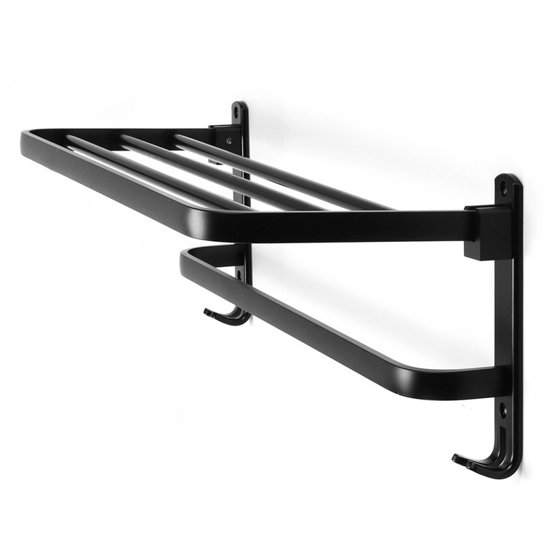 Xueqin 490/590mm Alumimum Black Foldable Towel Holder Towel Shelf Wall Mounted Bathroom Towel Rack Storage Hanger Shelf