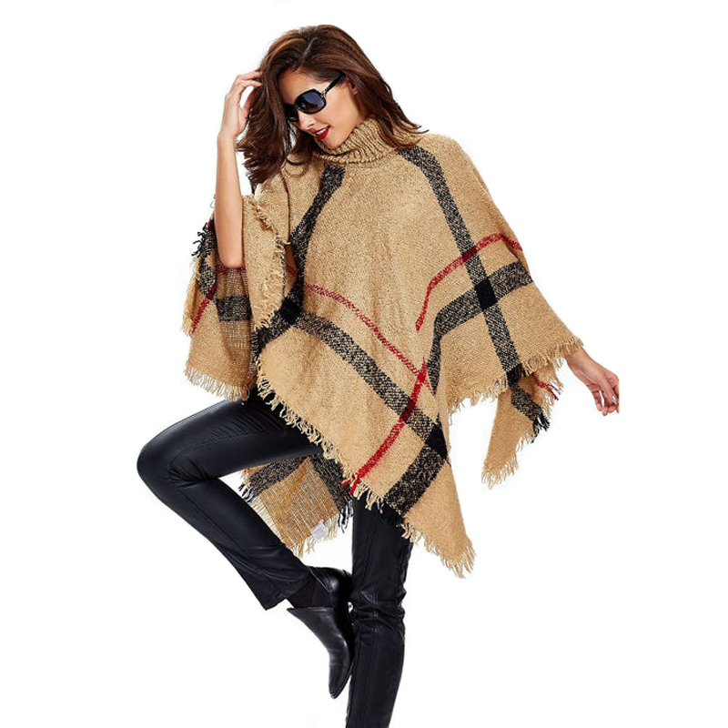[Visual Axles] 2020 New Fashion Women Winter Warm Wool Plaid Knitting Poncho 7 Colors Provided