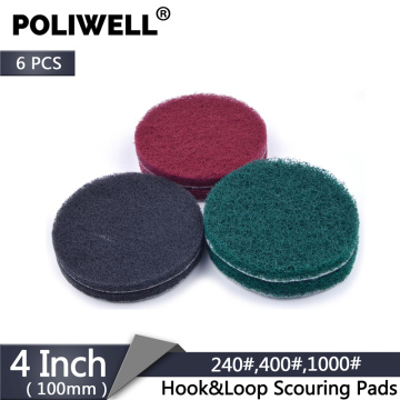 POLIWELL 6PCS 100mm Multipurpose Flocking Back Industrial Scouring Pad Heavy Duty Round Nylon Cloth for Cleaning Abrasive Tools