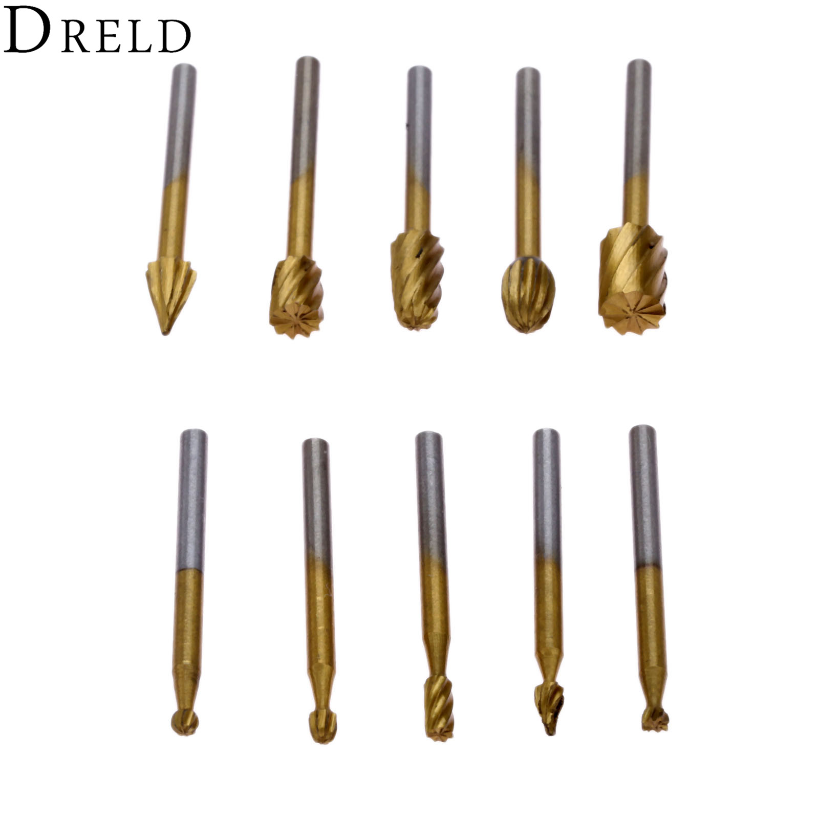 DRELD 10pcs HSS Wood Router Bits Burr File Grinding Engraving Milling Cutter For Dremel Rotary Tool 3mm Shank Woodwoking Tools
