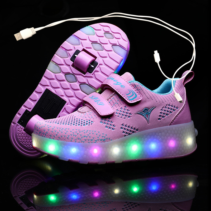 New Pink Blue Red USB Charging Fashion Girls Boys LED Light Roller Skate Shoes For Children Kids Sneakers With Wheels Two wheels
