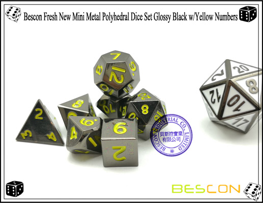 Bescon Fresh New Mini Metal Polyhedral Dice Set Glossy Black with Yellow Numbers-6