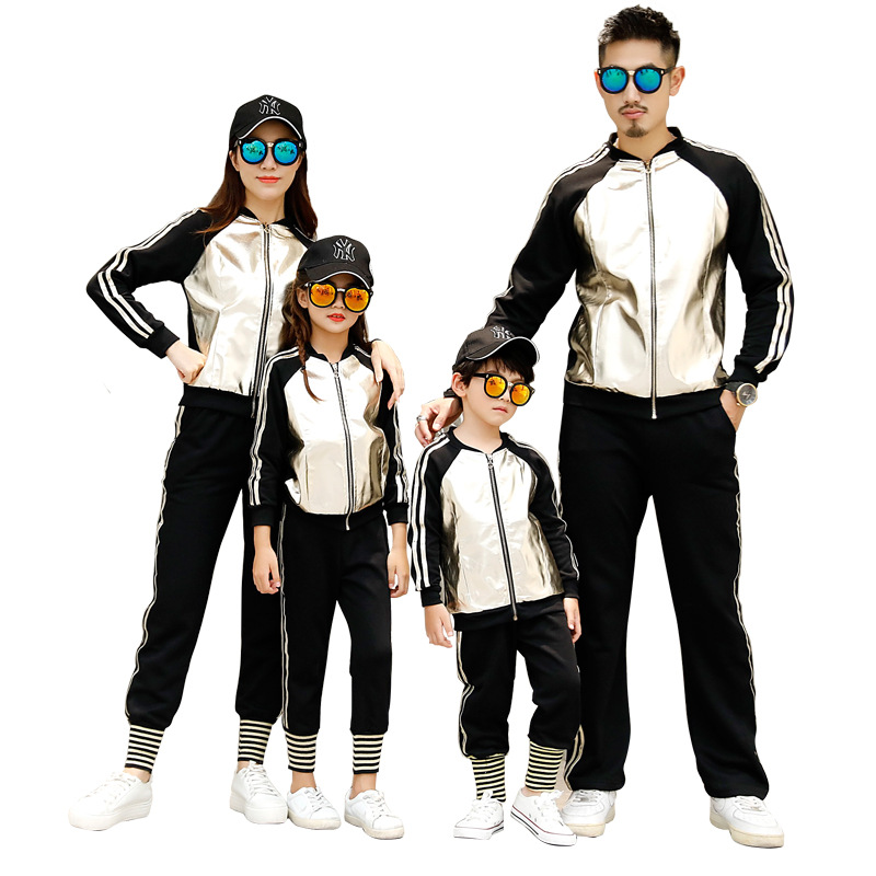 Family matching outfits PU jacket + pants sporty style silver golden PU couples matching clothing family look christmas family