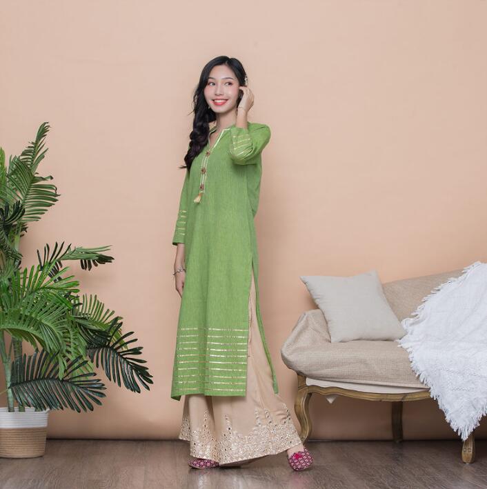 Woman Fashion Ethnic Styles Sets Kurtas Print Cotton India Dress Lady Long Green Top And Pants