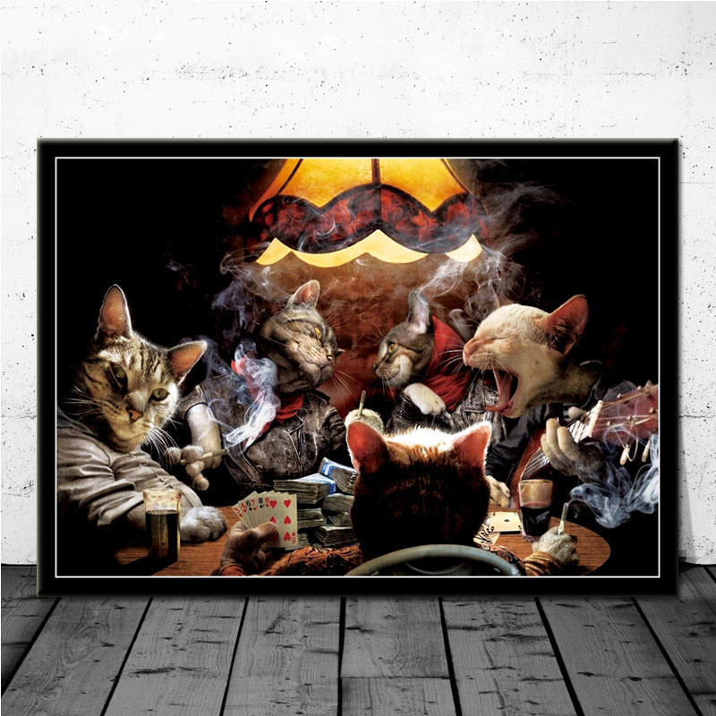 Cats Dogs Playing Poker Funny Collage Cartoon Animal Canvas Oil Painting Poster Prints Art Wall Pictures Living Room Home Decor