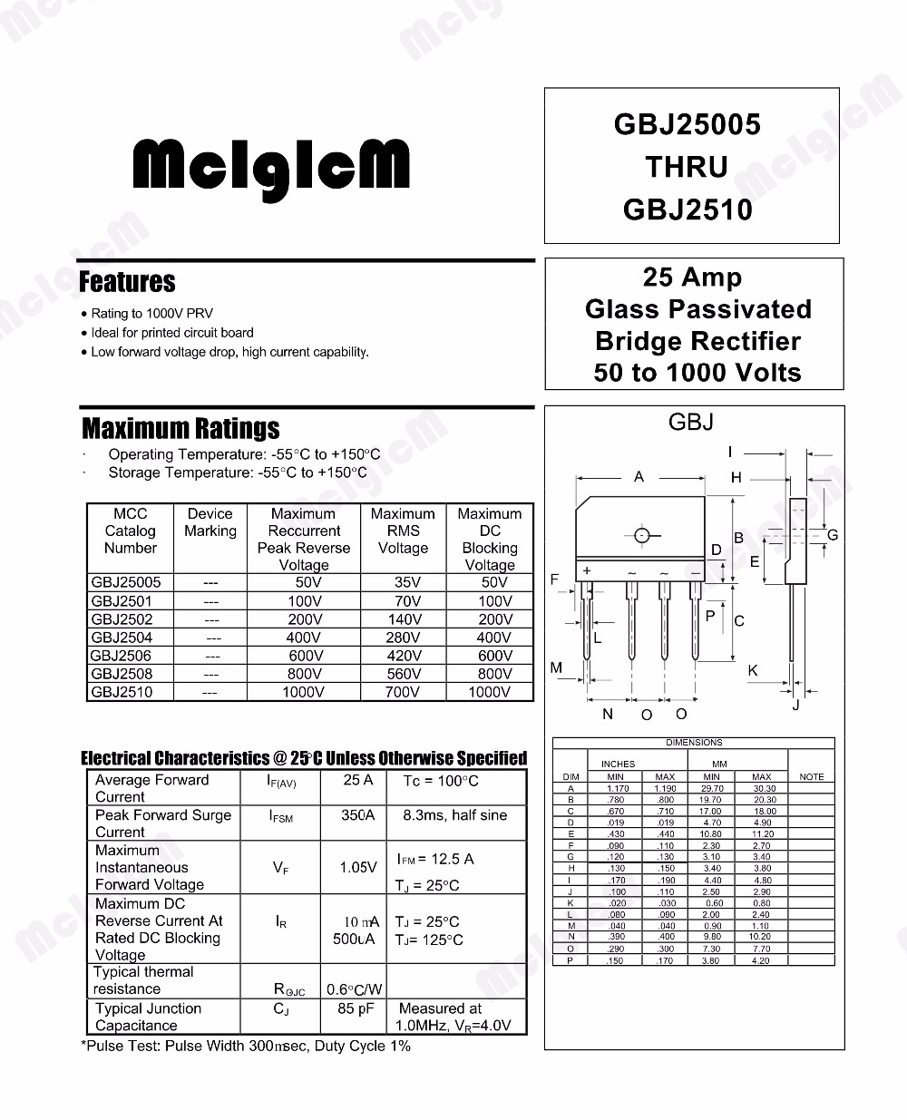 MCIGICM 5PCS 25A 1000V diode bridge rectifier gbj2510