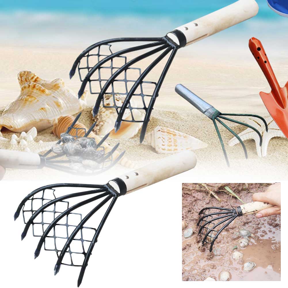 With Net Dig Seafood Conch 5 Claw Clam Rake Home Tool Wood Handle Pitchfork