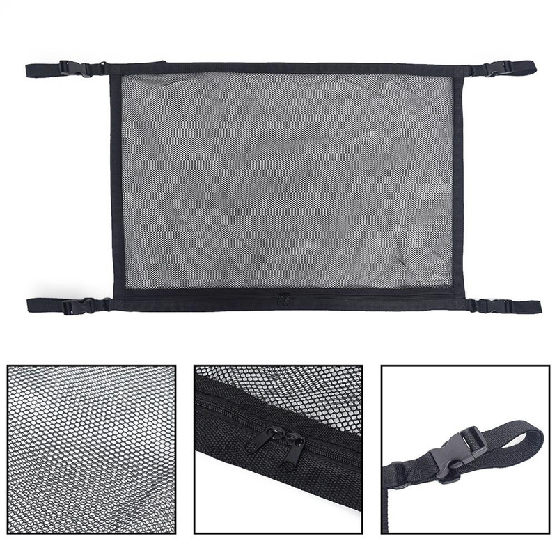 Car Ceiling Storage Bag Black Polyester Mesh Breathable Zipper Storage Bags Adjustable Auto Stowing Tidying Interior Accessories