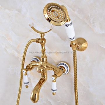 Luxury Gold Color Brass Bath Shower Faucet Set Dual Knobs Wall Mounted Bathtub Mixers with Handshower Swive Tub Spout Nna960