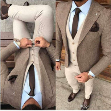 New Handsome Winter Tweed Fabric Man Business Suits Beige Groom Tuxedos Men Prom Party Coat Trousers Sets (Jacket+Vest+Pants+Tie