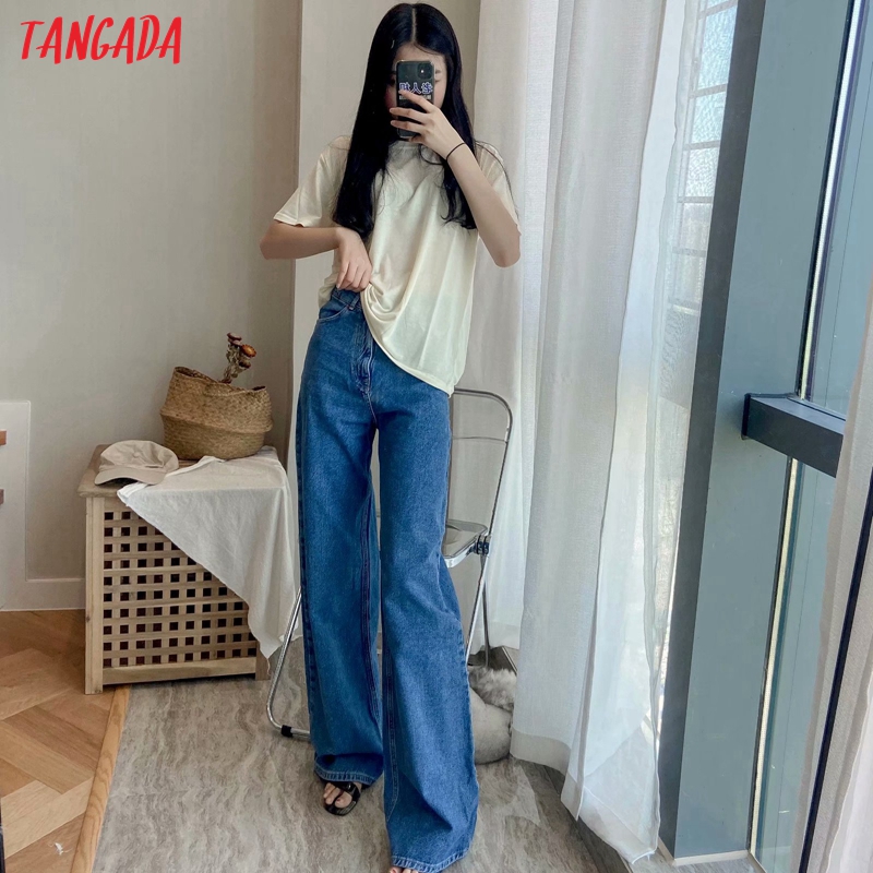 Tangada 2020 women high waist overlength jeans pants trousers pockets zipper female wide leg denim pants 4M520