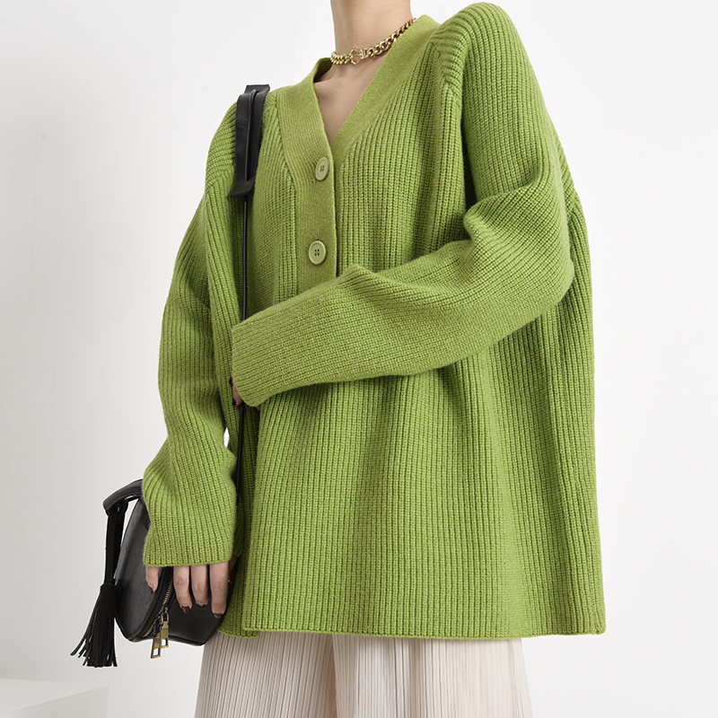 [EAM] Green Brief Big Size Knitting Sweater Loose Fit V-Neck Long Sleeve Women Pullovers New Fashion Autumn Winter 2021 1Y17306