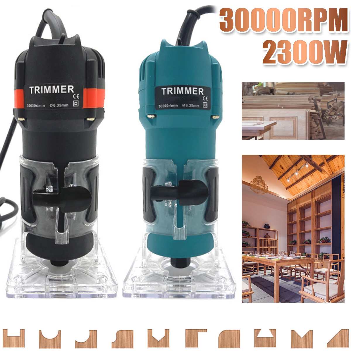 2300W 30000rpm Wood Electric Hand Trimmer Woodworking Engraving Slotting Trimming Hand Carving Machine Wood Router Joiners Set