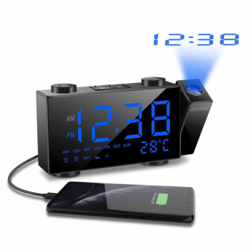 LED FM Radio Alarm Clock Digital Time Projection Desk Clock Snooze Function Temperature Display USB Charge Backlight Table Clock