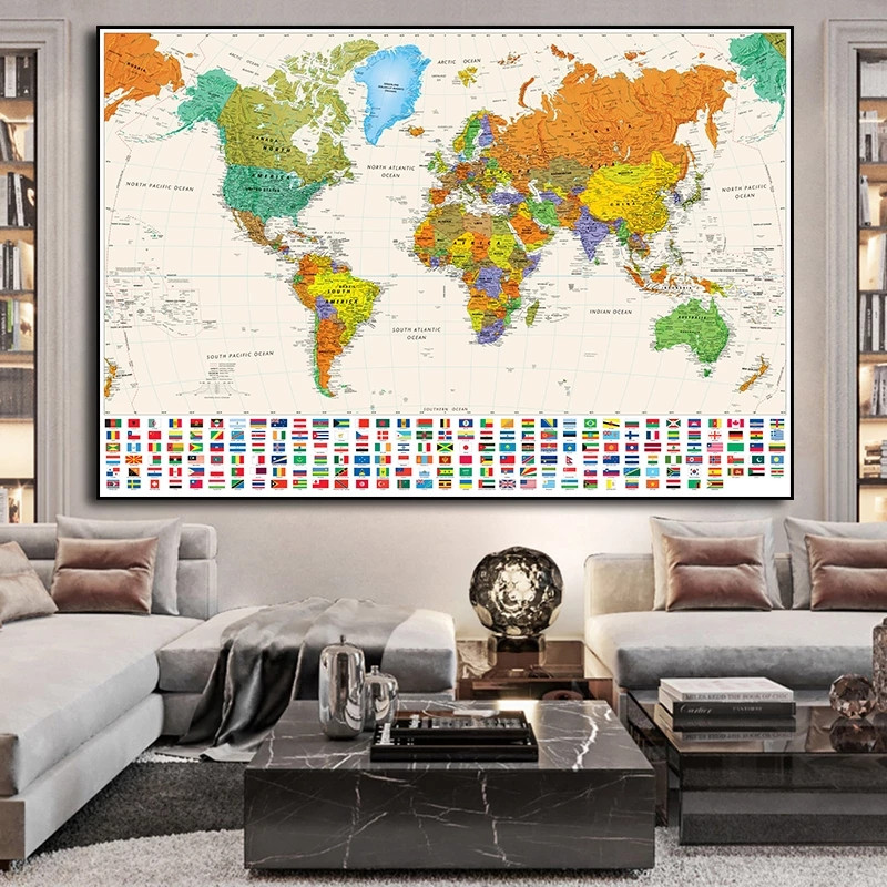 Canvas Painting Big Size The World Map Poster Retro English Map with National Flags for Travel Living Room Office Decor Cuadros