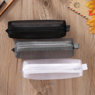 Solid Color Nylon Transparent Mesh Bag Student Stationery Soft Pencil Case Square Black Gray Korean Version of The Pencil Case