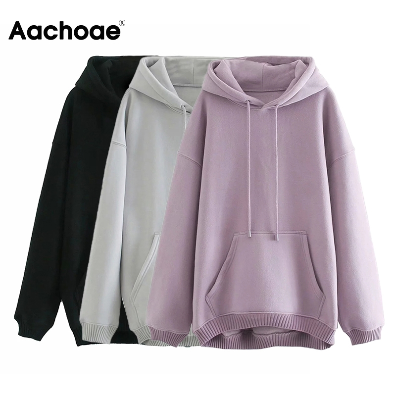Aachoae Solid Loose Unisex Hoodies Sweatshirts 100% Cotton Fleece Hooded Sweatshirt Women Casual Long Sleeve Pullovers Tops 2020