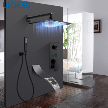 ULGKSD Bathroom Black Bronze Shower Faucet Set LED Digital Cold and Hot Mixer Tap W/ Waterfall Tub Faucets Para Bath Ducha