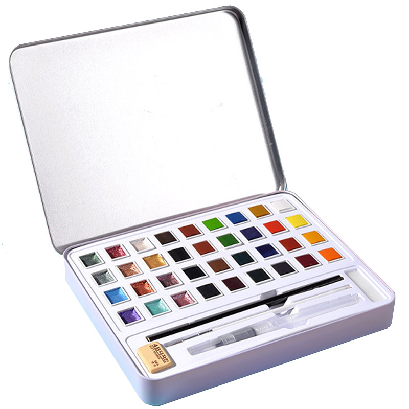 48 Color Pearlescent Solid Watercolor Paint Set Portable Iron Box Set Solid Water Color Set for Artists and Hobbyists with Brush