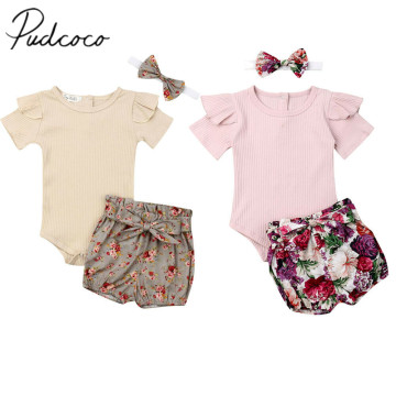 2019 Baby Summer Clothing Newborn Infant Baby Girl Boys Clothes Sets Solid Ribbed Romper+Floral PP Shorts+Headband 3Pcs Outfit