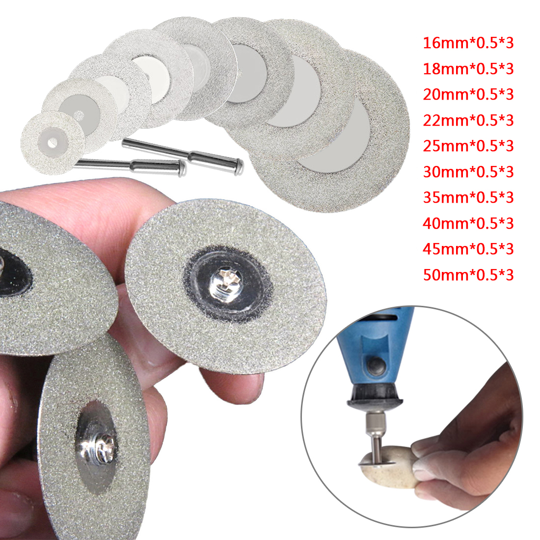 Diamond Grinding Cutting Wheel Disc Sharpener 10pcs 16-50MM Abrasive Disks with 2X Connecting Shank for Dremel Rotary Tools