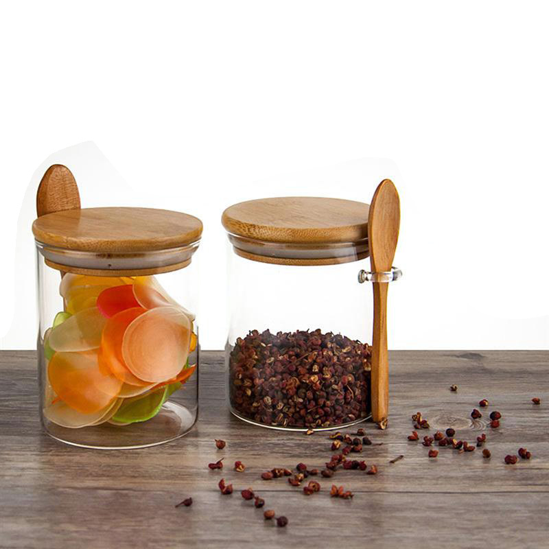 ABUI-Food Storage Glass Jar Clear Sealed Canister Container with Lid and Spoon for Loose Tea Salt Sugar Coffee Bean Preservation