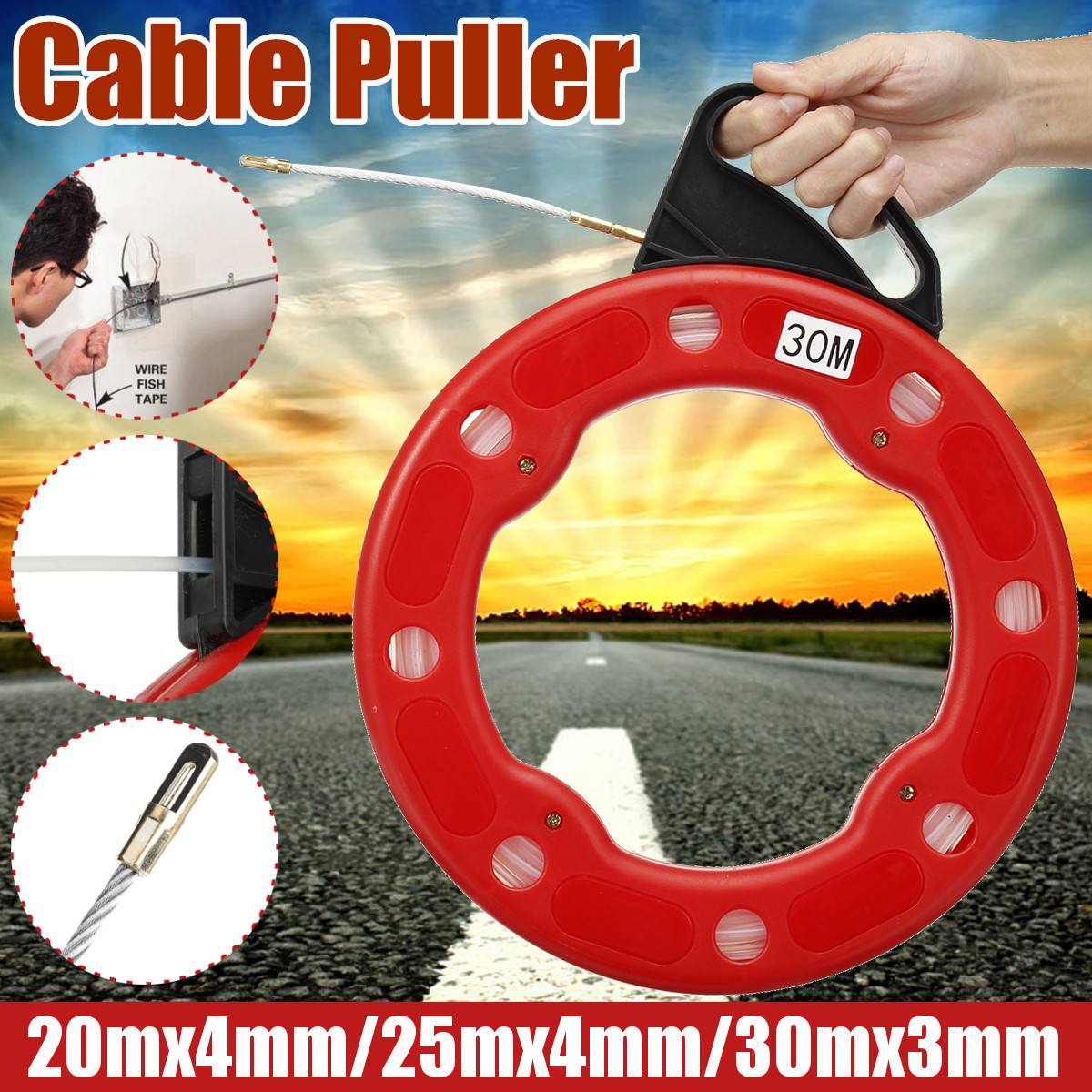 30M 3mm Fiberglass Fish Tape Reel Puller Conduit Ducting Rodder Pulling Wire Cable Red Ducting Rodder Pulling Wire Cable Puller