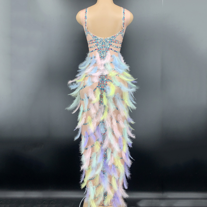 Colorful Crystals Sequins Pearls Feathers Slit Long Dress Stage Outfit Prom Birthday Celebrate Singer Dancer Costume DNV13732