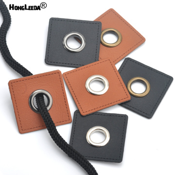 30pcs/lot 37mm square black/brown PU leather sew on Badges patch labels + inner 10mm metal brass eyelets grommets free ship