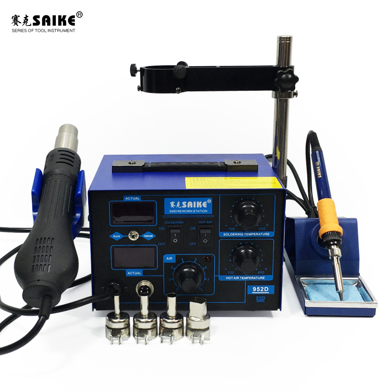 SAIKE 952D 2 in 1 SMD Rework Soldering Station Hot Air Gun Solder Iron Desoldering digital display nozzle Air gun handle