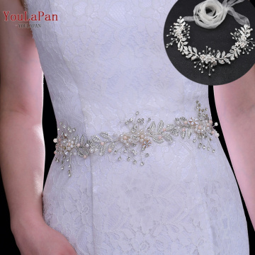 YouLaPan SH323 Women's Flowers Bridal Sash Alloy leaves Wedding Belts Handmade Crystal Sash Silver Diamond Bridesmaid Dress Belt