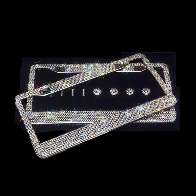 Bling Crystal License Plate Frame Luxury Handcrafted Rhinestone Car Frame Plate with 2 Matching Crystal Screw Cap Cover