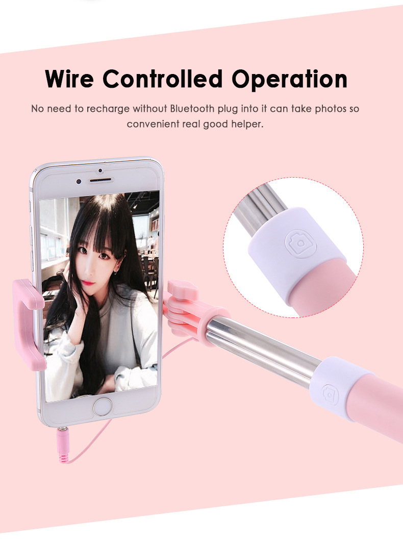 Mini Extendable Handheld Rotatable Wired Automatic Selfie Stick Folding Portable Plug-Play Phone Clip for IPhone Android