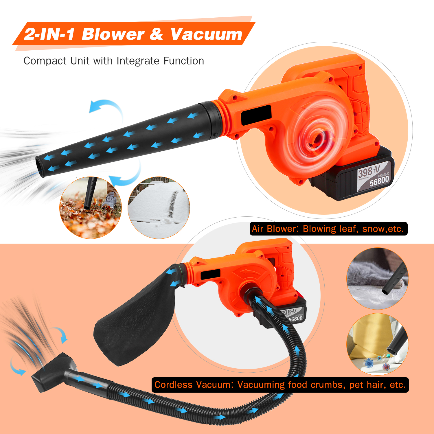 Cordless Leaf Blower 21V 4.0A Lithium 2 in 1 Sweeper and Vacuum Electric Air Blower Computer Cleaner Garden Power TooL Kit