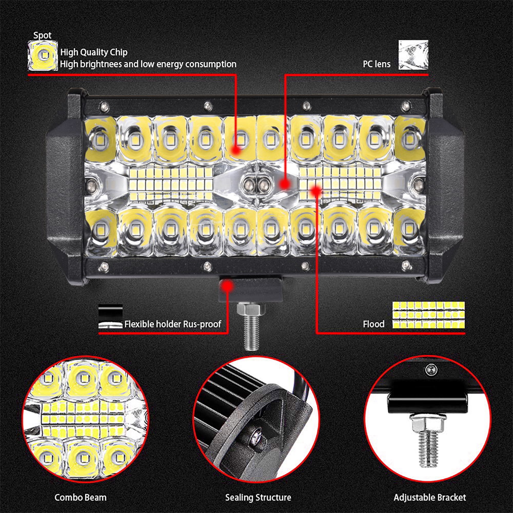 2pcs 7 inch led work light bar 120w led light bar 4x4 accessories off road for ATV UTV turck 12V 24v led bar for Driving lights