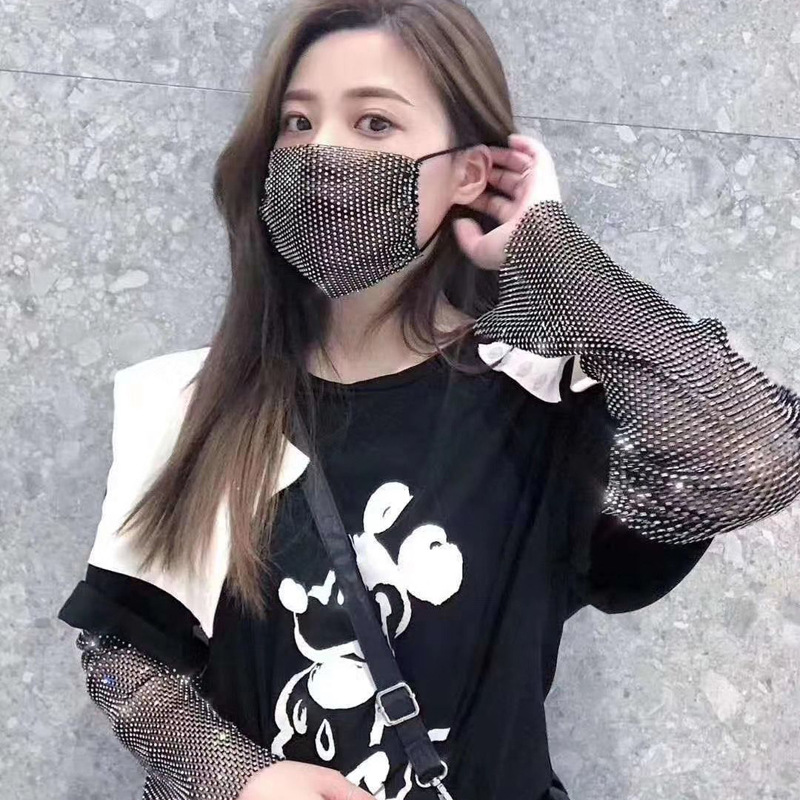 Black Summer Women Girls Mesh Oversleeves Shining Rhinestone Thin Long Sleeve Breathable Club Music Party Arm Glove ST406