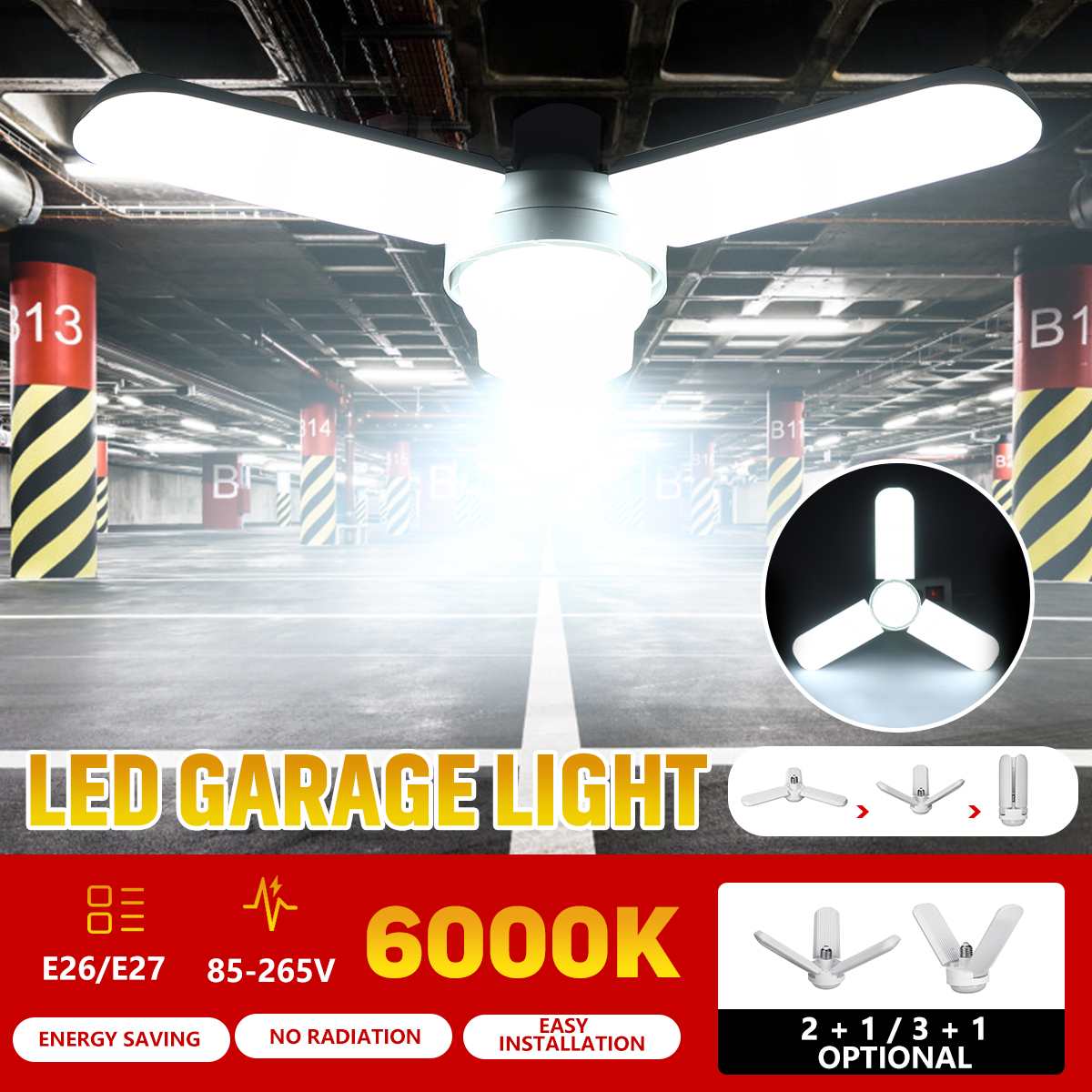 150W 80W Foldable LED Light Deformable Garage Light with Adjustable Blades E26/E27 High Bay Industrial Lighting for Workshop