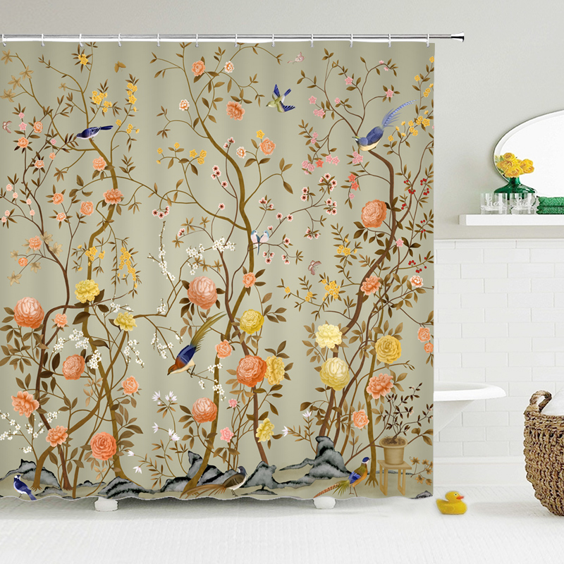 Chinese Style Flower Bird Shower Curtain Bathroom Waterproof Polyester Fabric Bathroom Curtain Printed Curtain Bath Screen Mat