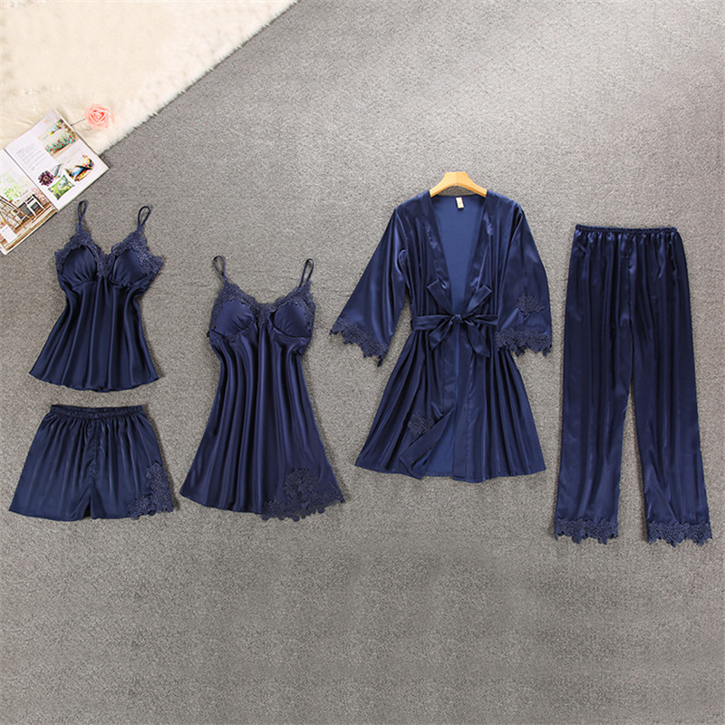 Sexy Women pajamas 5 Pieces Satin Pajama Set Female Lace Pyjama Sleepwear Home Wear Silk Sleep Lounge Pijama with Chest Pads